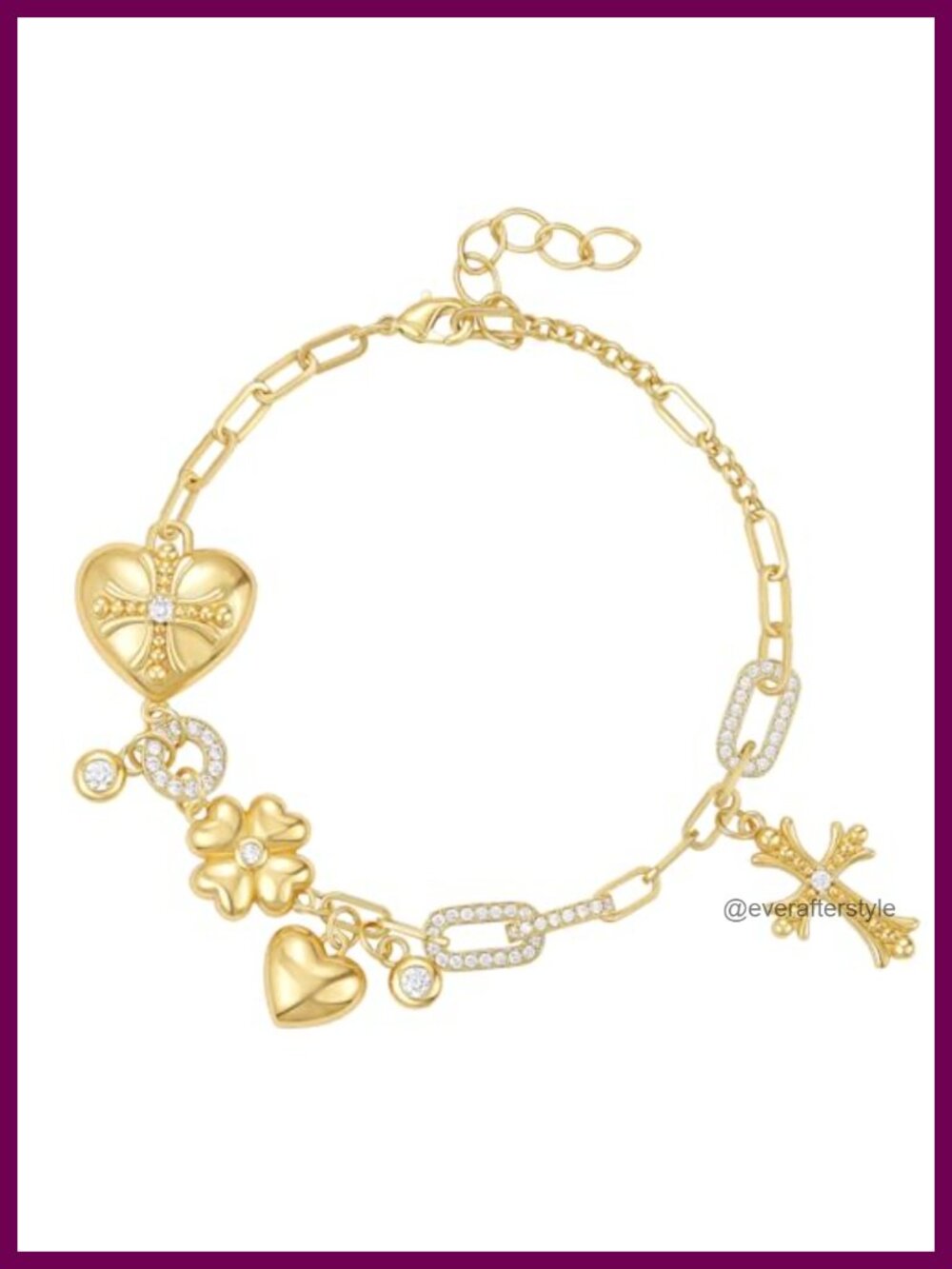 14K Gold Plated Charm Bracelet Bubble Cross Heart Clover Adjustable